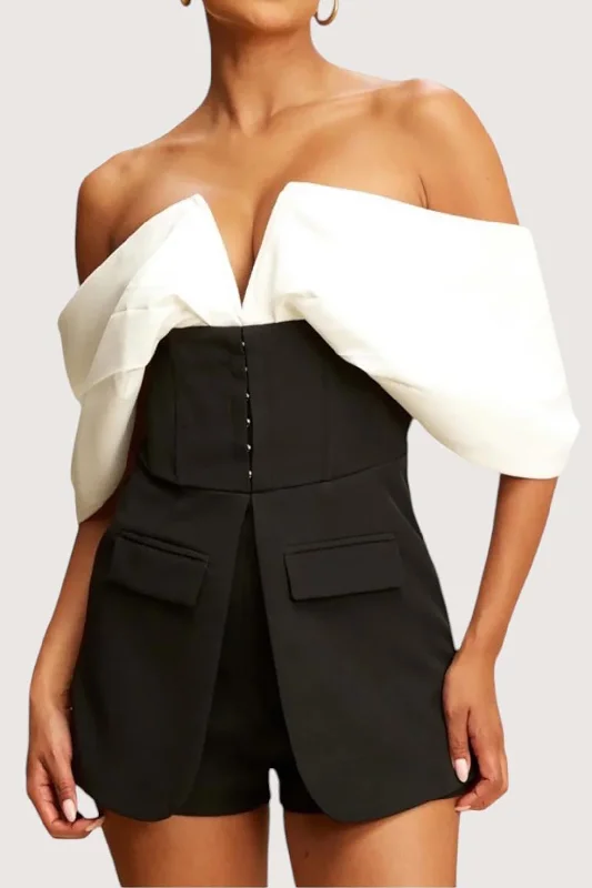 A-Line DressPatchwork Off Shoulder V-Shaped Romper