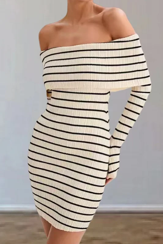 women's business casual dressesStripe Print Knit Wrap Off Shoulder Dress