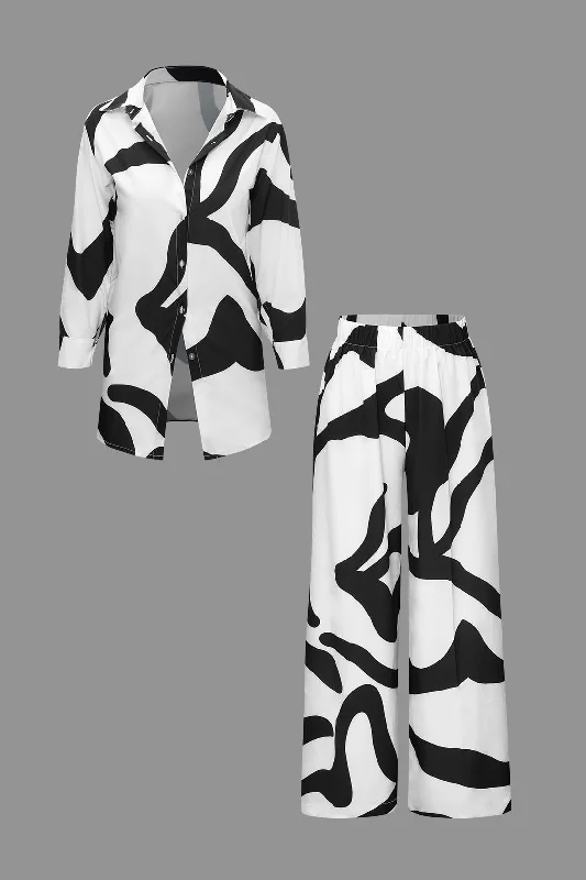 women's minimalist dressesLine Print Button Up Shirt And High Waist Wide Leg Pants Set