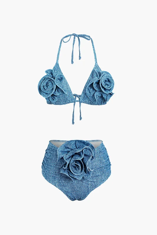 Floor-Length Dress3D Flower Denim Halter Bikini Set