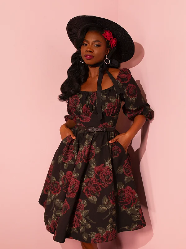 women's stretch dressesPRE-ORDER - Vacation Dress in Vintage Black Roses - Vixen by Micheline Pitt