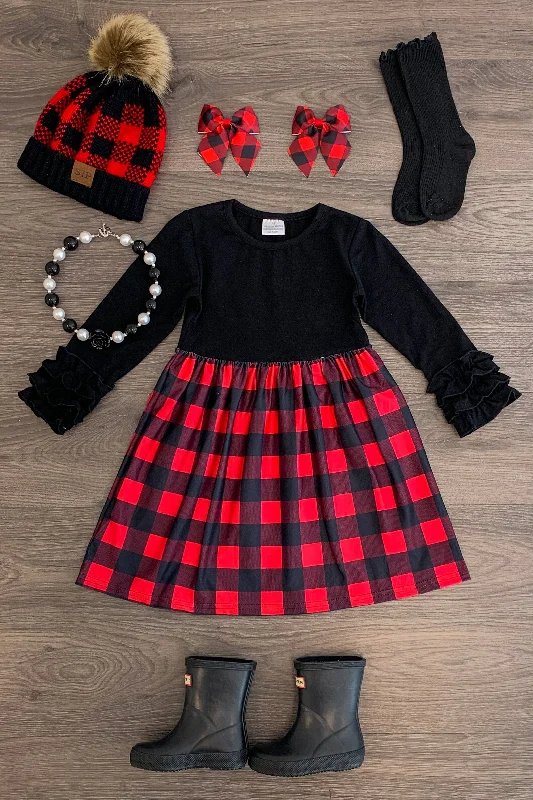 women's cocktail dressesRed & Black Buffalo Plaid Ruffle Dress