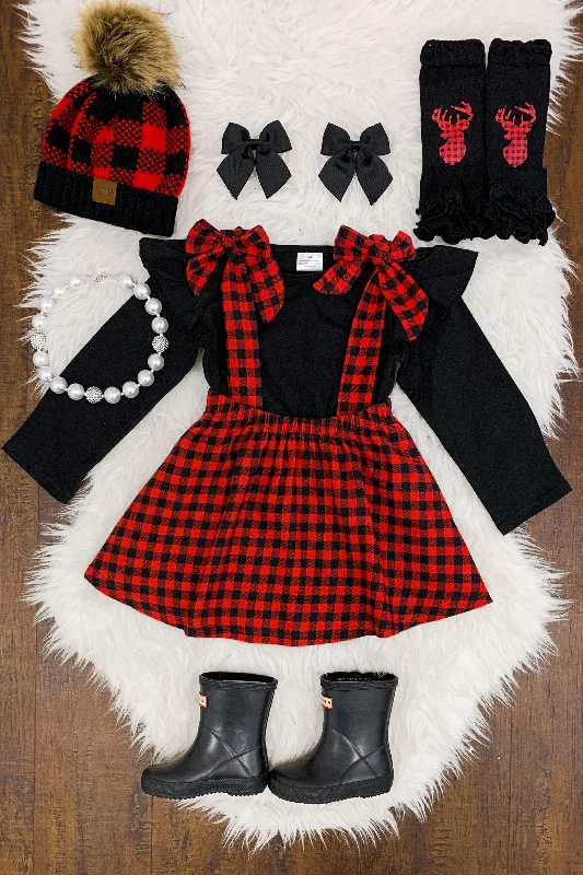 Animal Print DressRed & Black Plaid Tie Suspender Skirt Set